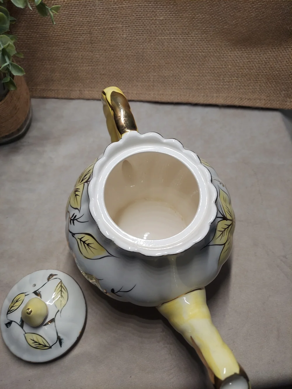 Vintage Royal Sealy Japan Yellow Leaf & Gold Trim Fluted Ceramic Teapot with Lid